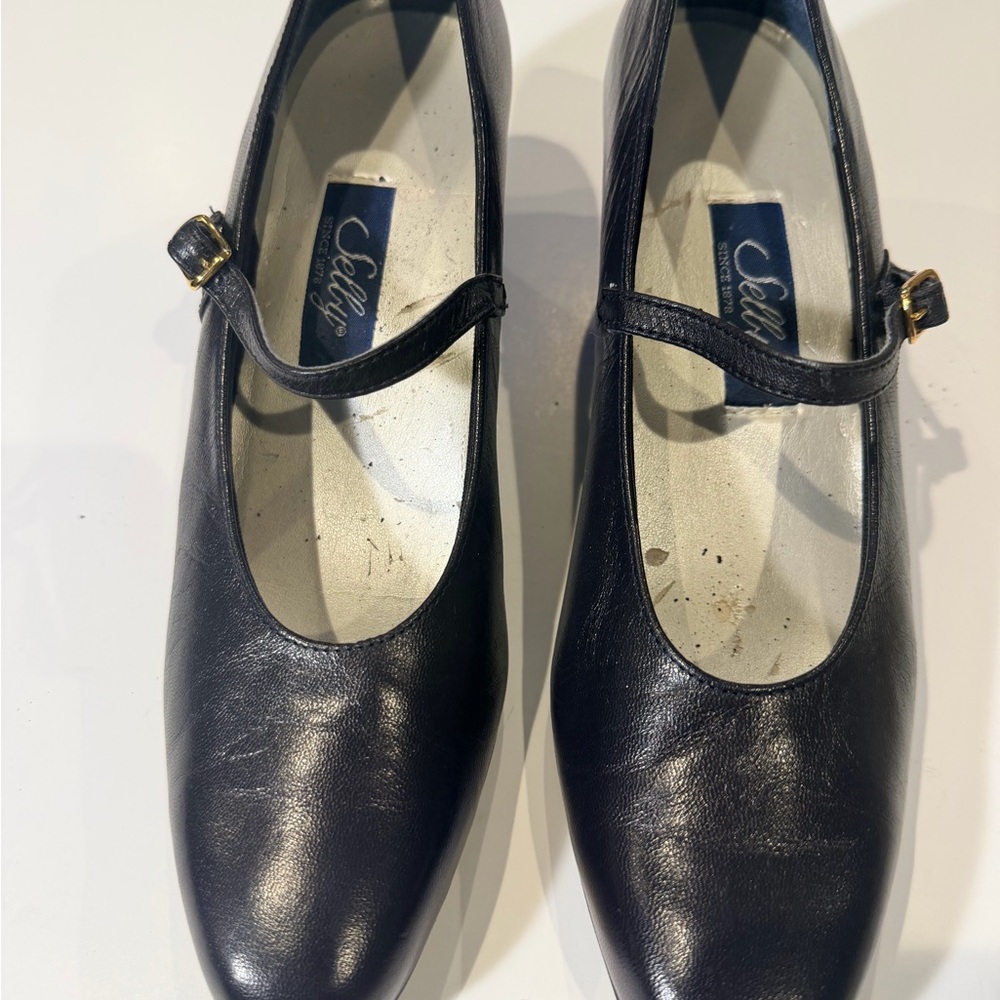 Selby Black Leather Mary Jane Heels with Gold Buckles